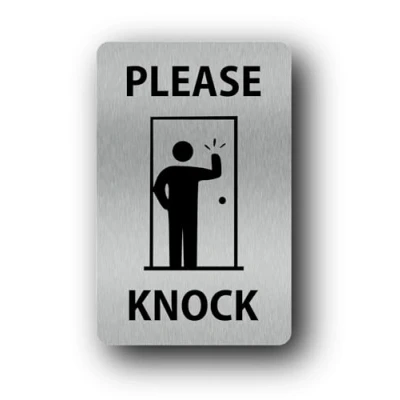 Image of Premium Silver &#039;Please Knock&#039; Sign 3.54 x 5.51 Inches (90mm 140mm) 1mm Thick Aluminium, UV Printed for Long Term Outdoor Use, Self Adhesive Backing