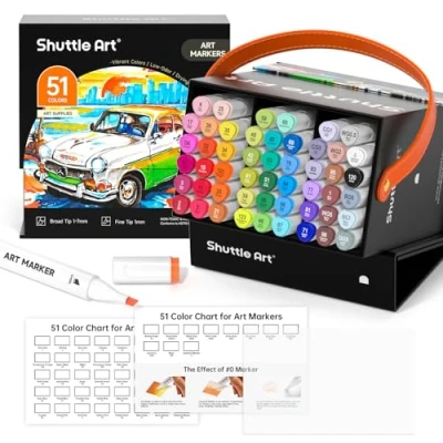 Image of Shuttle Art 50 Colours Pens, Dual Tip Alcohol Based Markers Plus 1 Blender Permanent Marker Pens for Kids and Adult, Ideal Graphic Colouring, Drawing, Sketching Cards Making
