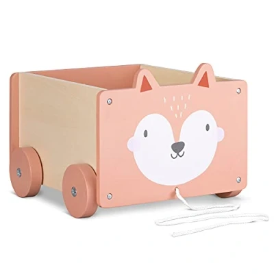 Image of Navaris Kids Toy Box Fox Wooden Chest for Childrens, Boys, Girls Toys with Wheels Unisex Children Games Bedroom Storage Trunk Brown