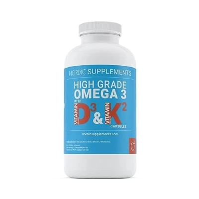 Image of Nordic Supplements Omega 3 Fish Oil 1000mg with Vitamin D 4000iu and K2 100ug 180 Capsules