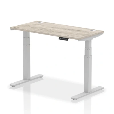 Image of Air 1200x600mm Height Adjustable Desk Grey Oak Cable Ports Silver Leg