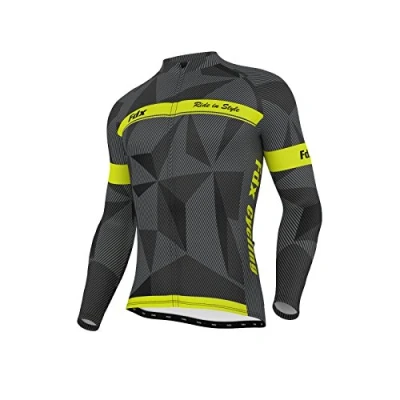 Image of FDX Mens Classic Cycling Jersey Long Sleeve Thermal Cold Wear Racing Jacket (Black/Grey/Yellow, XX Large)