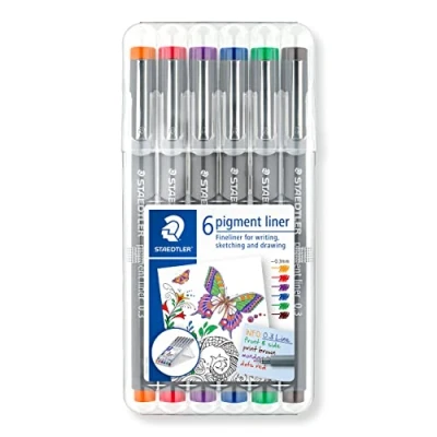 Image of STAEDTLER 30803 SSB6 Pigment Liner Pens Assorted Colours, 0.3 mm (Set of 6)