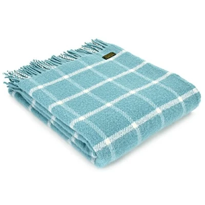 Image of Tweedmill Textiles Windowpane Check 100% Pure New Wool Throw/Blanket Spearmint Blue British Made