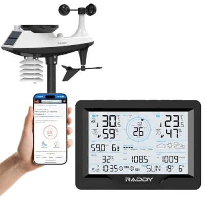 Image of Raddy MN6 Weather Station with Wireless Outdoor Sensor, 15 in 1 WiFi Station, Temperature Humidity Monitor Air Pressure, Rain Gauge, Wind Speed, UV, Forecast, DCF Atomic Clock
