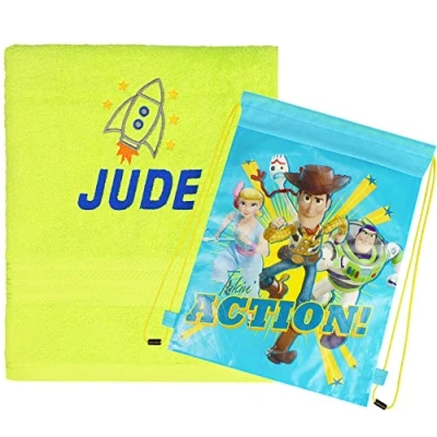Image of TeddyTs Personalised Toy Story 4 Drawstring School Swimming Bag &amp; Lime Rocket Bath Towel Set