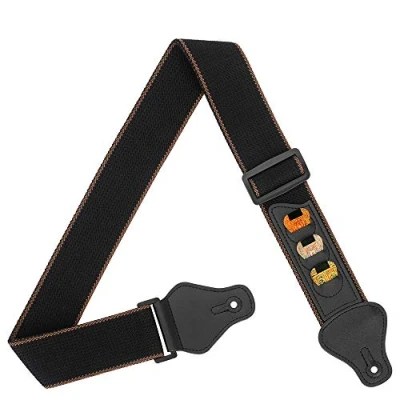 Image of BestSounds Guitar Strap 100% Soft Cotton Shoulder With 3 Pick Holders For Bass Electric &amp; Acoustic Guitars (Black)