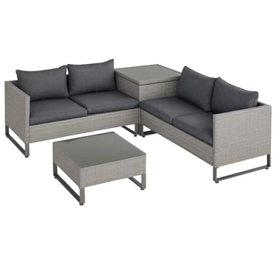 Image of Outsunny 4 PCs PE Rattan Wicker Sofa Set Outdoor Conservatory Furniture Lawn Patio Coffee Table w/Side Storage Box &amp; Cushion, Grey