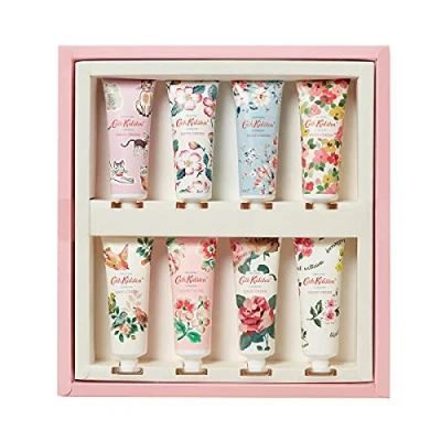 Image of Cath Kidston Hand Cream Gift Sets For Women Luxury moisturiser Vegan Shea Butter 8 x 30ml in 2 Colours Pink Border