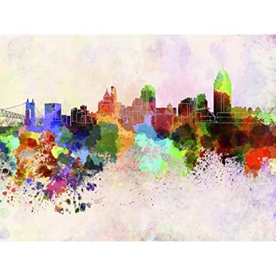Image of Wee Blue Coo Painting Cityscape Paint Splash Skyline Cincinnati Large Art Print Poster Wall Decor 18x24 inch