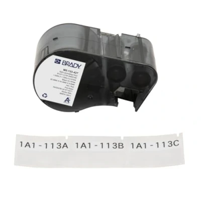 Image of Brady Self Laminating Vinyl Pre Sized Labels for Label Printer BMP51/BMP53/M511 140 Adhesive Black on White, Transparent (44,45 mm (W) x 25,40 (H)) M5 133 427