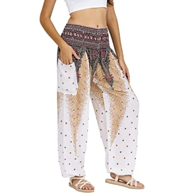 Image of Lofbaz Harem Pants for Women Yoga Boho Hippie Clothing Womens Palazzo Bohemian Pajama Trousers Beach Indian Gypsy Genie Clothes Peacock 1 White M