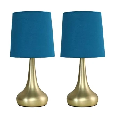Image of MiniSun Pair of Modern Chrome Teardrop Touch Bed Side Table Lamps with Blue Fabric Shades
