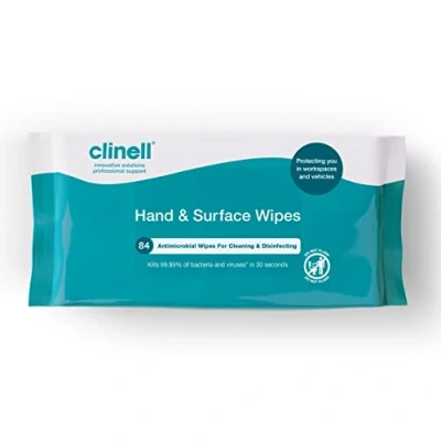 Image of Clinell Antimicrobial Hand &amp; Surface Wipes for Cleaning Disinfecting Pack of 1 84 Sanitising Wipes, Ideal Travel Kills 99.99% Bacteria Viruses