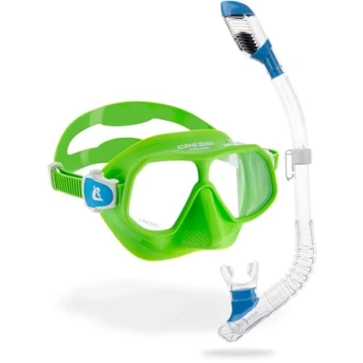 Image of CRESSI Rombo + Mini Dry Combo Lime Azure/Clear Blue Junior Set, Mask and Snorkel, Azure/Transparent Blue, One Size