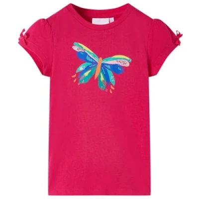 Image of vidaXL Kids&#039; Short Sleeve T Shirt Butterfly Sequin Design, Bow Accents, Comfort Cotton Blend, Bright Pink, Size 128