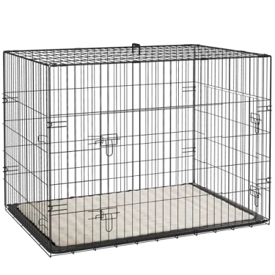 Image of PawHut Dog Crate with 2 Doors, Foldable Metal Cage Tray, Soft Cushion, for Large Dogs, 91 x 62 68, Black