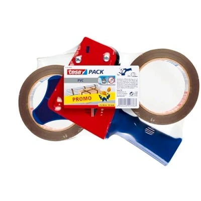 Image of tesapack Ultra Strong and Tape Dispenser in a Set with 2 Extra Tear Resistant PVC Adhesive Tapes Brown 66 m x 50 mm