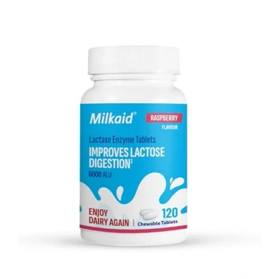 Image of Milkaid Lactase Enzyme Chewable tablets for Lactose Intolerance Relief Prevents Gas, Bloating &amp; Diarrhoea Fast Acting Dairy Digestive Supplement Gluten Free Vegan 120