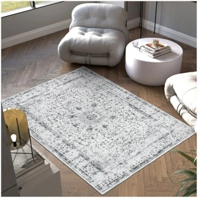 Image of TecTake® Vintage Rug with Faded, Oriental Pattern, Washable Allergy Friendly Short Pile Fabric, Non Slip Base &amp; Durable Wool, Ideal Carpet for Bedroom, Living Room Hallway 120 x 170 cm