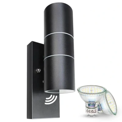 Image of Wondlumi Outdoor Wall Lights Dusk Till Dawn Sensor, Outside Mains Powered IP44 Security Black, Incl. 2X 5W GU10 LED Bulbs Cool White 6000K