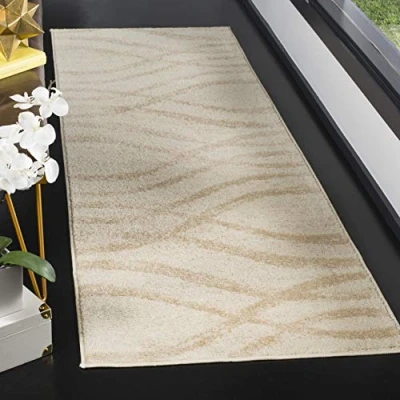 Image of Safavieh Modern Wave Distressed Rug for Living Room, Dining Bedroom Adirondack Collection, Short Pile, in Cream and Champagne, 76 X 244 cm