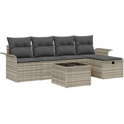 Image of vidaXL 6 Piece Garden Sofa Set with Cushions Light Grey Poly Rattan