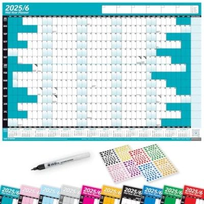 Image of 2025/26 Mid Year LAMINATED Academic Yearly Annual Office Home Wall Planner Calendar Chart With Pen And Stickers TEAL A1+ 62cm x 88cm (ROLLED)
