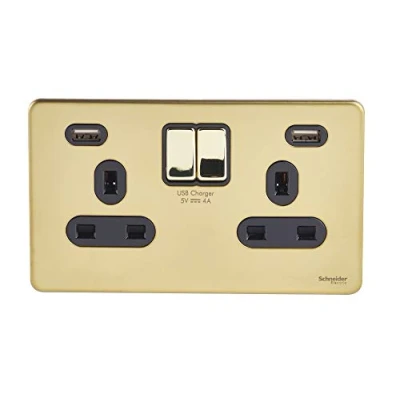 Image of Schneider Electric Ultimate Screwless Flat Plate Switched Double Power Socket, with USB Charging Ports, 13A, GGBGU3424DBPB, Polished Brass Black Insert