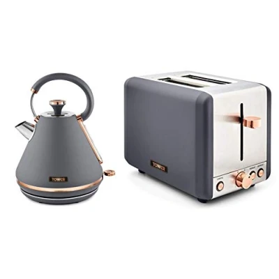 Image of Tower Cavaletto 1.7L 3000W Pyramid Kettle and 2 Slice Toaster Grey &amp; Rose Gold