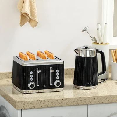 Image of HOMCOM 1.7L 3000W Rapid Boil Kettle and 4 Slice Toaster Set Crumb Tray Black
