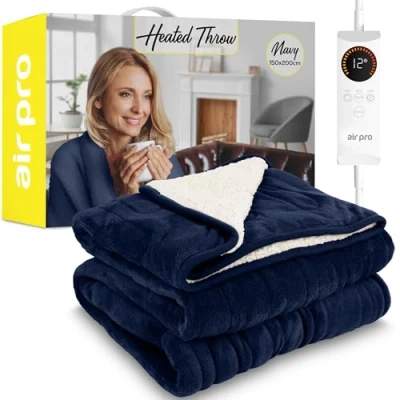 Image of Air Pro Heated Throw Electric Blanket Digital Controller Timer up to 9 hours, 6 Heat Settings, Auto Shutoff Machine Washable Double 150x200cm Navy Shearling