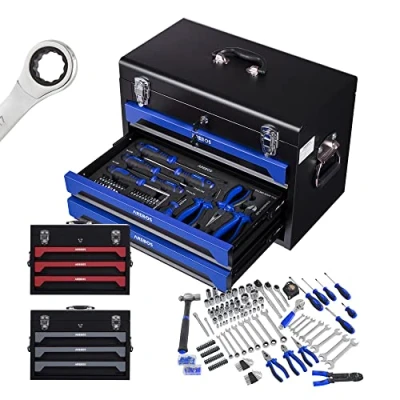 Image of Arebos Tool Box Including 172 Piece Set Chrome Vanadium Socket Spanner Hand Tools for Home, Garage &amp; Workshop Equipped with 3 Drawers Lockable Blue/Black