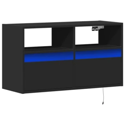 Image of vidaXL TV Wall Cabinet with LED Lights Black Floating Unit Storage Space Engineered Wood 80x31x45 cm Modern Living Room Entertainment Center