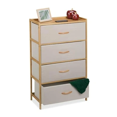 Image of Relaxdays Dresser, Storage Unit, Bamboo, 4 Fabric Drawers, Hallway, Bedroom, HWD: 94 x 58 32.5 cm, Cabinet