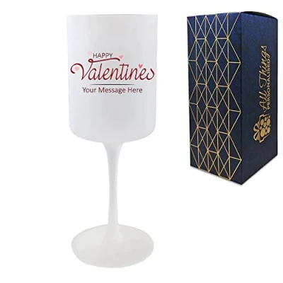 Image of Personalised Printed Frosted Wine Glass with Happy Valentines Design, Gift Boxed, Personalise Any Message for Valentines, Anniversaries