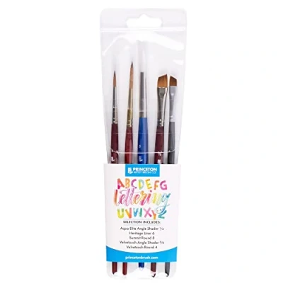 Image of Princeton Lettering Brush Set, 5 x Mixed Brushes, Watercolour, Short Handle, Ideal for Professionals &amp; Students