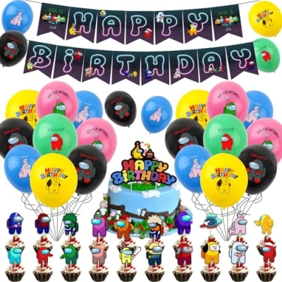Image of Among Birthday Party Decorations, 42PCS Decorations Happy Banner Balloons Cake Topper Cupcake Toppers Spiral for Kids Girls Boys Theme Decoration Supplies