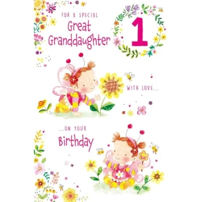 Image of Paper Rose Special Great Granddaughter 1st Birthday Card Age 1 Cute Bumblebee &amp; Flowers Design with Foil Details Eco Friendly and Recyclable