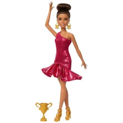 Image of Barbie Ballroom Dancer Fashion Doll with Red Ruffle Dress, Dancing Shoes &amp; Brown Styled Hair, Trophy Accessory