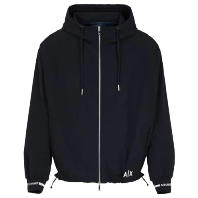 Image of Armani Exchange Men&#039;s Long Sleeve, Printed Logo Cuffs, Hooded Blouson Jacket, deep Navy, XXL