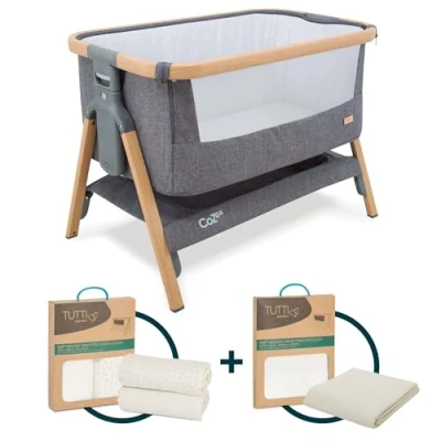 Image of Tutti Bambini CoZee® crib Bundle Bedside with 2 sheets, Mattress Protector, and Included Oak &amp; Charcoal crib, Grey/Cloud Waterproof Protector (0 6 Months)