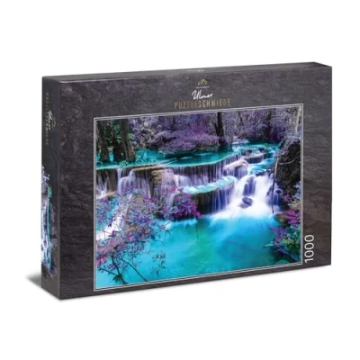 Image of Ulmer Puzzleschmiede puzzle The Secret Place: 1000 pieces jigsaw Mysterious glowing waterfall in a dark forest
