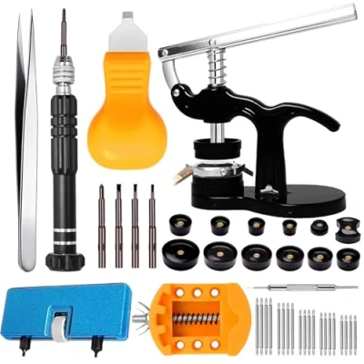 Image of Watch Press Tool Set, GLDCAPA Repair Kit, Case Opener, Battery Replacement, Band Replacement Tool, Screwdriver, Back Remover Holder, Spring Bar, Tweezers