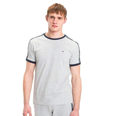 Image of Tommy Hilfiger Men&#039;s T Shirt Logo Tape For Men Crew Neck 100% Cotton Jersey Grey Heather Size S