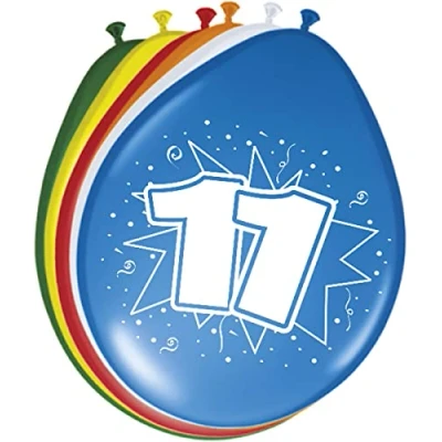 Image of Folat 08211 11th Birthday Balloons 30cm 8 pieces, Multi Colors, 11