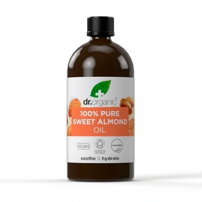 Image of Dr Organic Sweet Almond Oil, 100% Pure &amp; Natural, Hydrating, Multi Action, Face, Body Hair, Massage, Carrier Aromatherapy, Vegan, Cruelty Free, Paraben SLS Certified Organic, 100ml