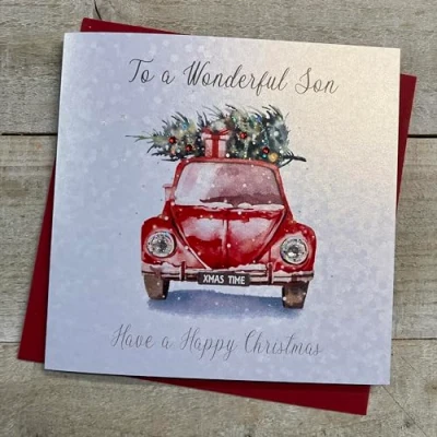Image of WHITE COTTON CARDS WONDERFUL SON CAR CARRYING CHRISTMAS CARD, HAND FINISHED (C23 60)