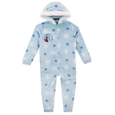 Image of Disney Girls Anna And Elsa Frozen Onesie Fleece All In One Blue 4 5 Years