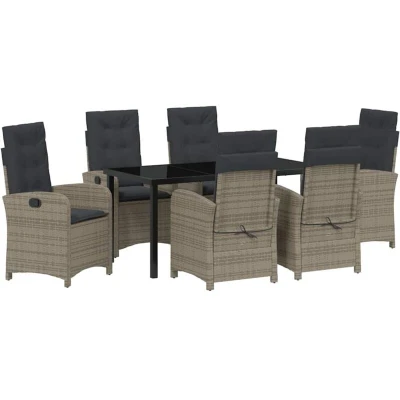 Image of vidaXL 7 Piece Garden Dining Set with Cushions Grey Poly Rattan